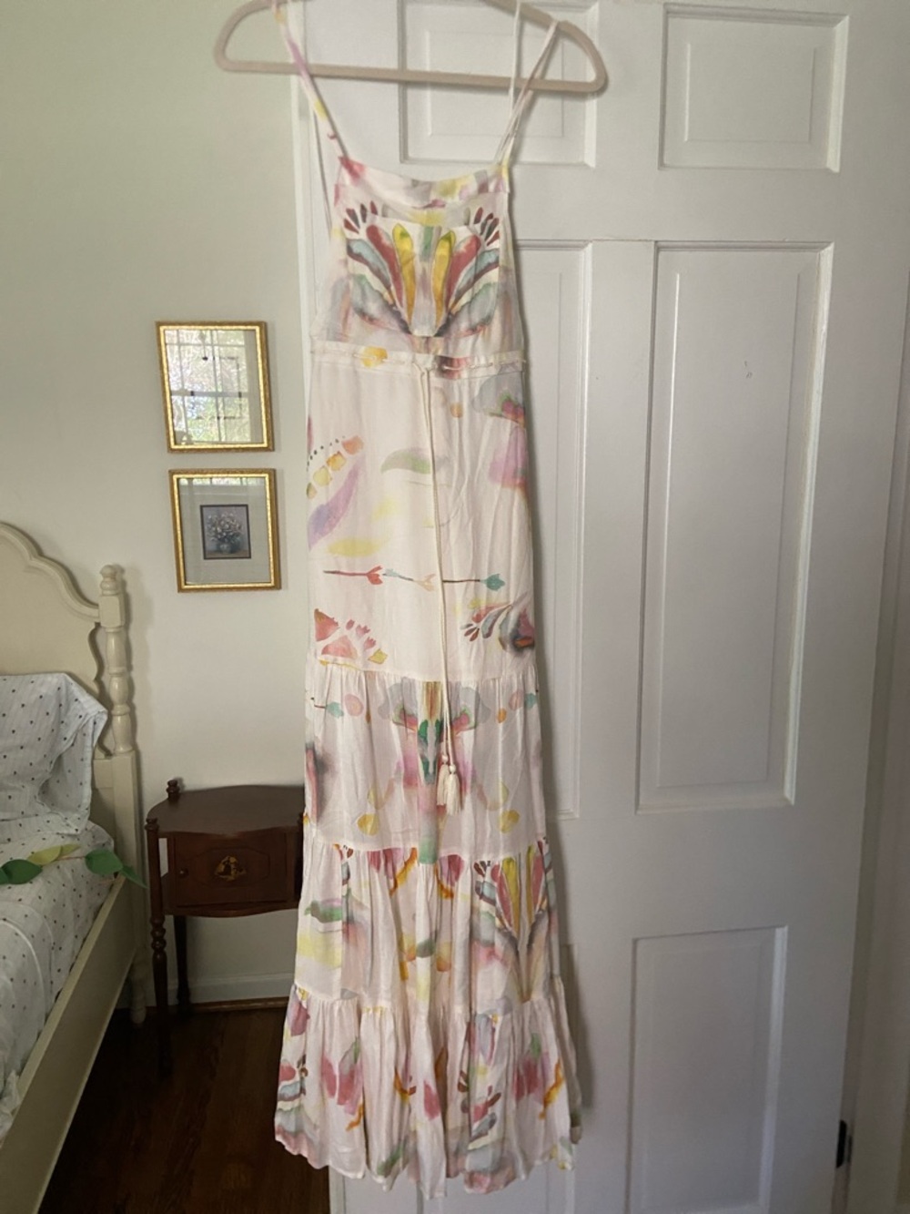 Free People White Maxi Dress jumper with Pastel Watercolor Print